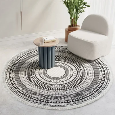 Cotton Round Area Rug Washable Chic Bohemian Indoor Throw Rug 120cm Diameter Woven Circle Carpet for Living Room Kids Room - Black