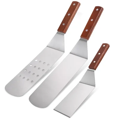BBQ Spatula Set Griddle Scraper Pancake Flipper Hamburger Turner Tongs Barbecue Tools (NO FDA Certificate) - 3-in-1 Set