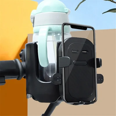 Baby Stroller Cup Drinks Holder with Phone Holder 2-in-1 Universal Cup Phone Holder for Stroller, Bike, Wheelchair - Black