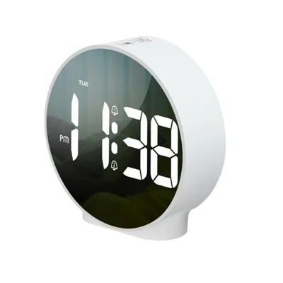 LED Alarm Clock LED Digital Display Week Date Round Electronic Clock 12 / 24Hr Small Alarm Clock - White