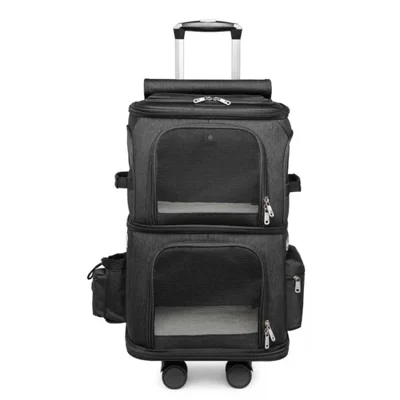 Double-layer Flodable Pet Trolley Bag Portable Outdoor Pull Rod Breathable Dog Cat Pet Carrier Bag - Black
