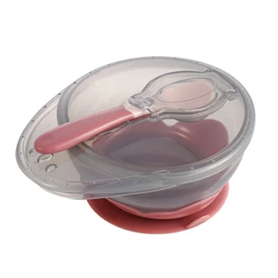 Portable Suction Baby Feeding Bowl with Lid Spoon Infant Tablewares Set Kids Eating Supplies (BPA-Free, NO FDA Certificate) - Pink