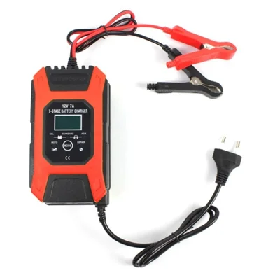 FOXSUR 12V 7A 7-Stage Battery Charger Automobile Pulse Repair Lead-Acid Battery Charger Maintainer for Car, Motorcycle - Red / EU Plug