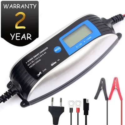 FOXSUR 6V 12V 0.8A 4A Lead Acid Battery Charger 7-Stage Smart Car Charger Portable Battery Maintainer - EU Plug