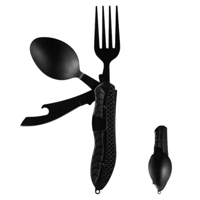 4-in-1 Camping Utensil Portable Foldable Spoon Fork Knife Bottle Opener Outdoor Combo Set - Black