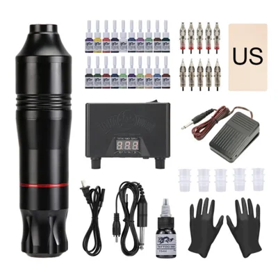 Tattoo Pen Kit Cartridge Tattoo Needles Rotary Tattoo Machine Set for Beginners and Artists - Black / US Plug