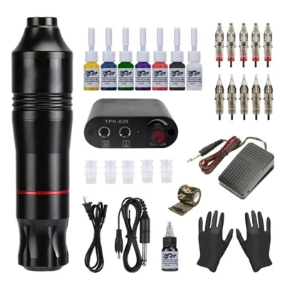 Complete Tattoo Pen Kit Tattoo Machine Set with 10Pcs Cartridges Needles 7 inks for Beginners - Black / US Plug