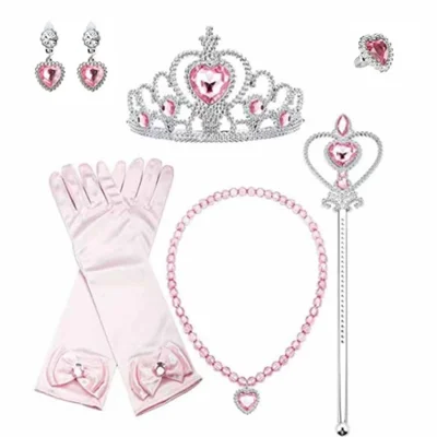 6Pcs Kids Princess Crown Wand Jewelry Dress Up Accessories Playset Toys Birthday Including Gift Crown, Magic Wand, Gloves, Rings, Earrings and Necklace - Pink