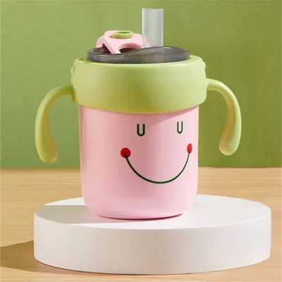 300ml Toddler Stainless Steel Sippy Cup with Scale, Handles Anti-Drop Portable Baby Cup (No FDA, BPA-Free) - Pink