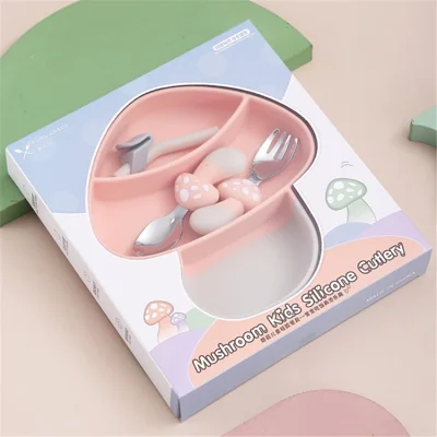 Cute Mushroom Baby Divided Plate Set Safe Silicone Suction Plate Self Feeding Eating Utensils Dishes (BPA-Free, NO FDA Certification) - Pink