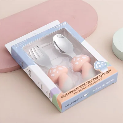 Toddler Self Feeding Cutlery Easy Grip Utensils Baby Spoon and Fork Set (BPA-Free, NO FDA Certification) - Mushroom / Pink