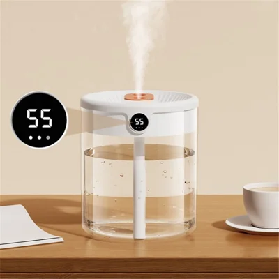 Humidificateur d'air 1,4 L à double buses avec affichage LCD, lumière nocturne, ultrasonique, silencieux pour maison et bureau - Blanc