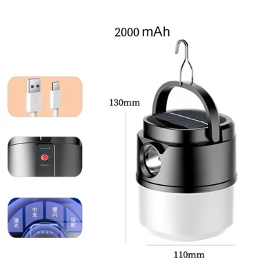 Outdoor Camping Lamp Emergency Tent Light Hiking Fishing Night Light - Black / 2000mAh