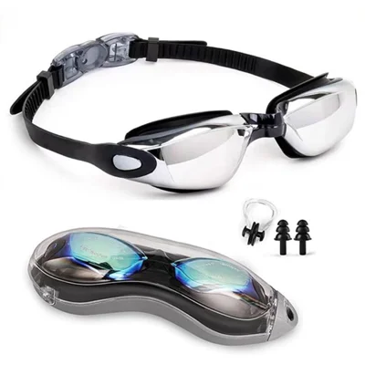 AF2016 Anti-Fog Electroplated Adult Silicone Band Swimming Goggles with Box / Nose Clip / Earplugs - Black / Silver Electroplated