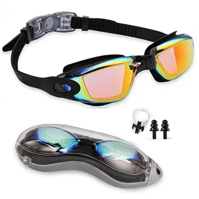 AF2016 Anti-fog Electroplated Adult Silicone Band Swimming Goggles with Box / Nose clip / Earplugs - Black / Orange Electroplated