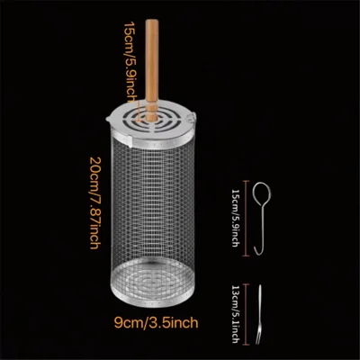 304 Stainless Steel Round Grill Basket Wooden Handle Rolling Grilling Net Cage Accessories Kit (BPA Free, No FDA) - Style A