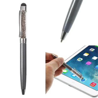 Grey Bling Flowing Crystal Capacitive Touch Stylus & Ballpoint Pen for iPhone iPad Samsung LG Huawei