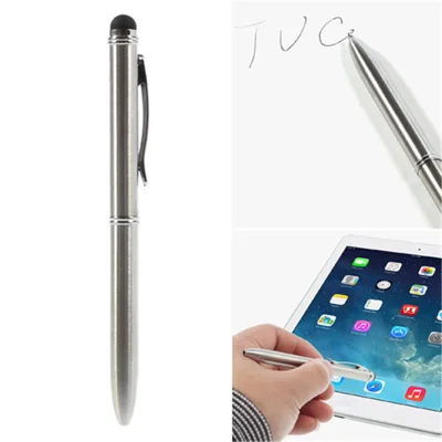 Two-color Ink Ballpoint & Stylus Pen for All Capacitive Touch Screen Devices - Silver Color
