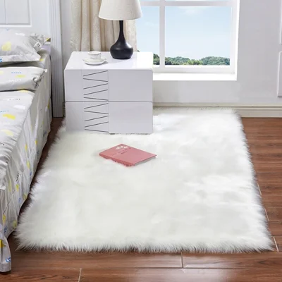 Mjuk Faux Fur Matta Fluffig Rektangulär Form Fårskinn Fäll Matta för Barnkammare, Sovrum, Lyxig Heminredning - Vit/300x300mm