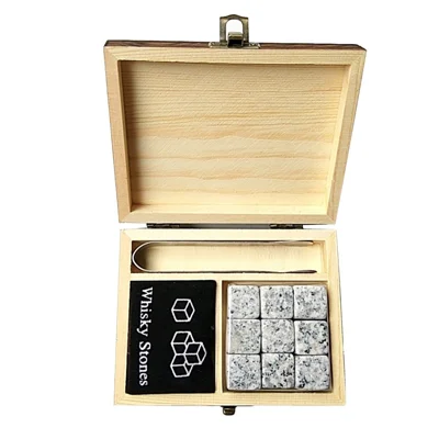 Set di 9 Pietre per Whisky con Scatola in Legno, Pietre Refrigeranti, Cubetti di Ghiaccio Riutilizzabili - Grigio