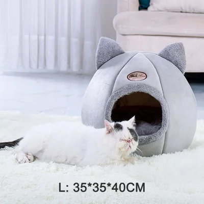Pour chats/petits chiens Lit douillet en forme de grotte en velours auto-chauffant avec coussin amovible et lavable - L