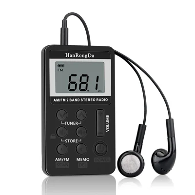 HanRongDa HRD-103 Radio numérique portable AM FM rechargeable avec écran LCD 2 bandes Récepteur stéréo de poche avec écouteurs et cordon - Noir
