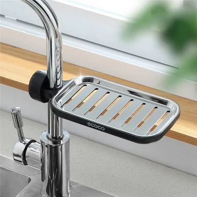 ECOCO Soporte de acero inoxidable para esponja, cepillo, jabón, estante de drenaje - Negro/Corto