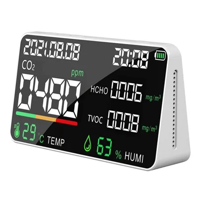 Detector Multifuncional de Qualidade do Ar Doméstico com Exibição LED, Testador de CO2 com Função de Exibição de Valor de Dióxido de Carbono, TVOC, HCHO, Quantidade de Eletricidade, Temperatura e Umidade
