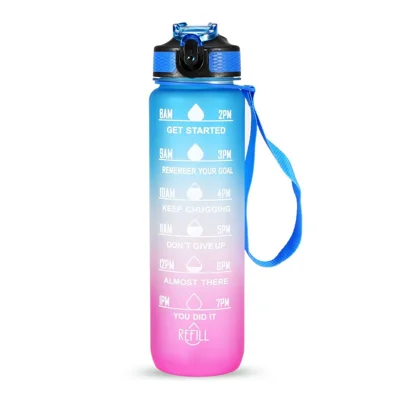 Bouteille d'eau de sport de 1 L avec marqueur de temps, Pot à eau résistant aux fuites pour le bureau, l'école, le camping (sans certificat FDA, sans BPA) - Bleu/Violet