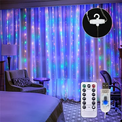 10 X 10FT 300 LEDs Curtain String Lights 8 Modes Adjustable Fairy Lights Christmas Decorative Hanging Lights Copper Wire Waterfall Lights with Remote Control - Multi-color