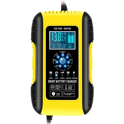 Carregador Inteligente Totalmente Automático 12V/10A 24V/5A Mantenedor de Bateria Dessulfatador de Bateria para Carro, Caminhão, Motocicleta, Cortador de Grama, Barco - Plugue EUA/Amarelo