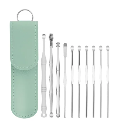 Lot de 10 pièces / set de cure-oreilles, kit de retrait du cérumen, cure-oreille en acier inoxydable, cuillère auriculaire, set d'outils de nettoyage avec pochette de rangement - Vert