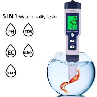 Tester jakości wody 5-w-1, wieloparametrowy miernik do badania wody, cyfrowy monitor jakości wody z wyświetlaczem LCD, analizator i detektor pH/TDS/EC/temperatury/saliności, stopień ochrony IP67