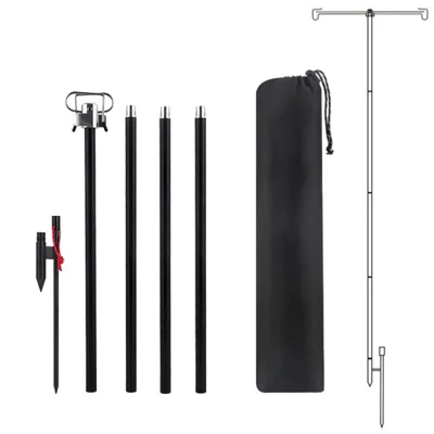 Portable Folding Aluminum Alloy Lamp Pole Adjustable Lantern Holder Rod with Storage Bag for Camping Hiking Fishing Backpacking - Black