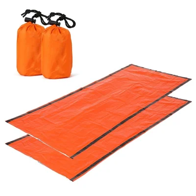 2 Pcs Manta de Emergencia Con Saco de Dormir Portátil Resistente al Agua de Compresión Para Acampar Caminata - Naranja