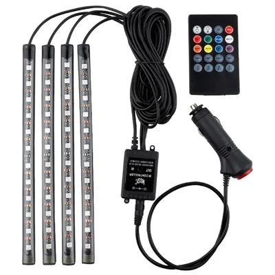 Bande lumineuse à LED pour voiture 4Pcs 48 LED DC 12V Neon Strip Car Interior Led Decorative Lamp avec fonction d'activation sonore et télécommande sans fil - Port de cigarette