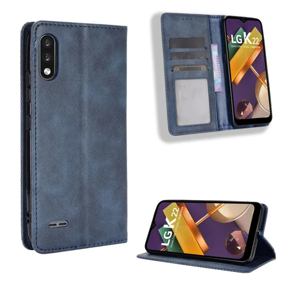 Magnetic Vintage Style Phone Case for LG K22 Wallet Stand Leather Cover - Blue
