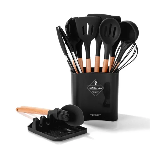 11pcs BPA Utensili Da Cucina Gratuiti Con Supporto Set Di Utensili Da Cucina In Silicone (senza Certificato FDA) - Nero