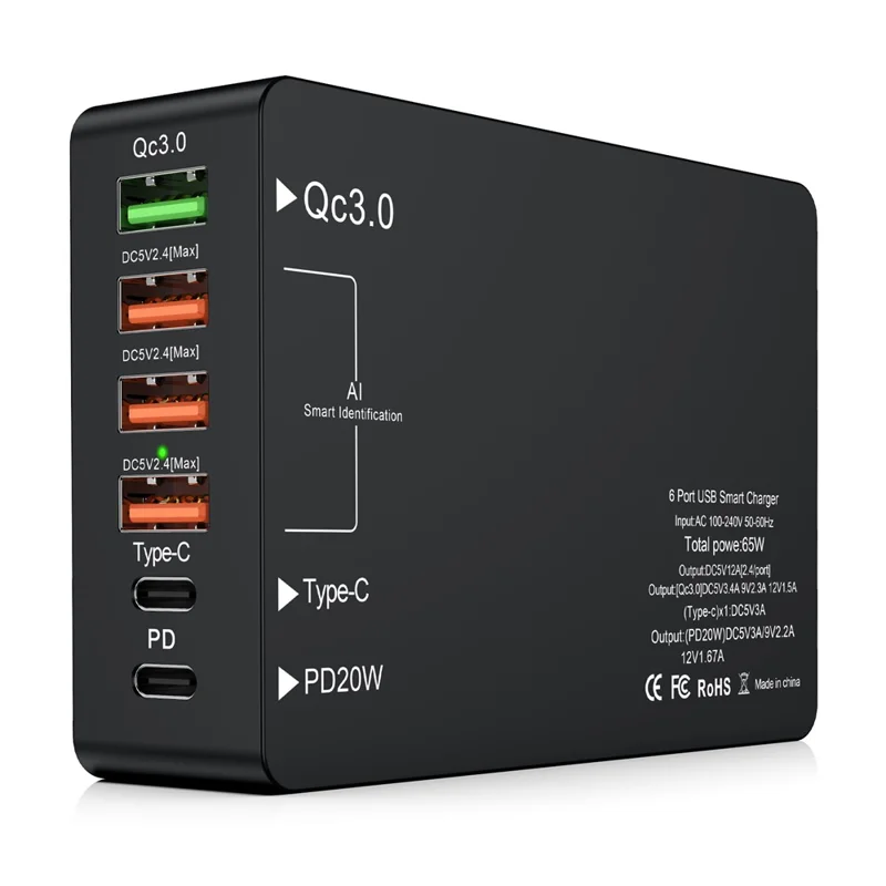 Multi-port USB QC3.0 Charger Type-C PD20W Phone Tablet Bluetooth-compatible Earphone Fast Charging Power Adapter - US Plug