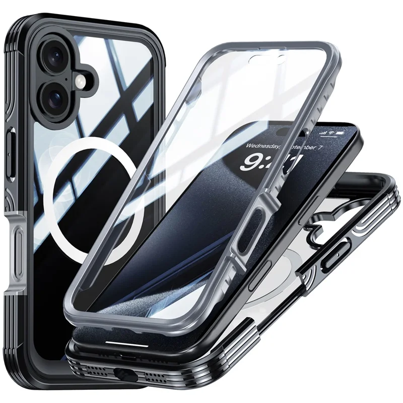 For iPhone 16 Magnetic Case with Tempered Glass Film PC + TPU Full Rugged Phone Cover - Black / Grey