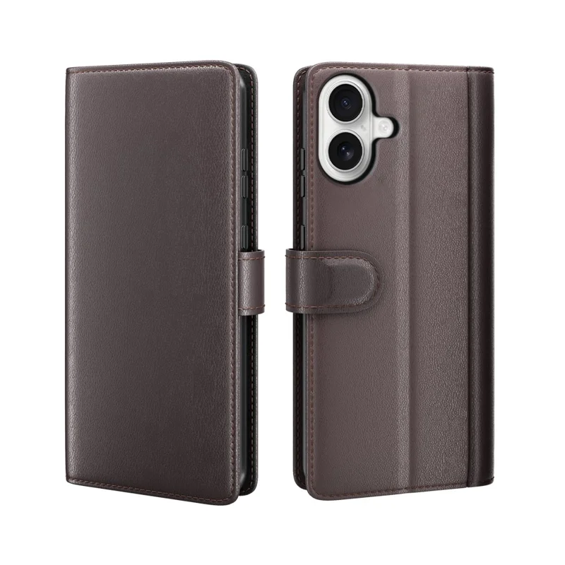 For iPhone 17 Case Genuine Split Leather Phone Cover with Wallet Stand - Brown