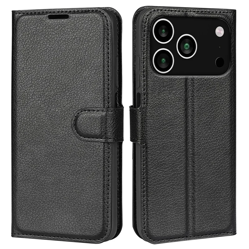 For iPhone 18 Pro Max / 17 Pro Max Case Litchi Texture Shockproof Leather Wallet Phone Cover - Black