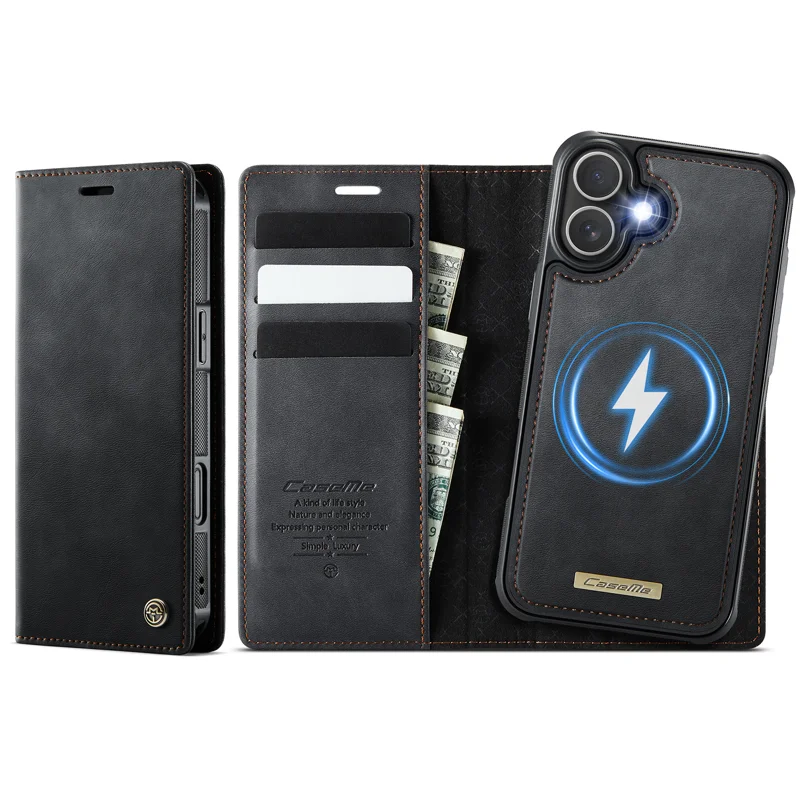 CASEME For iPhone 17 Case C49 Compatible with MagSafe RFID Blocking Detachable Wallet Leather Phone Cover - Black