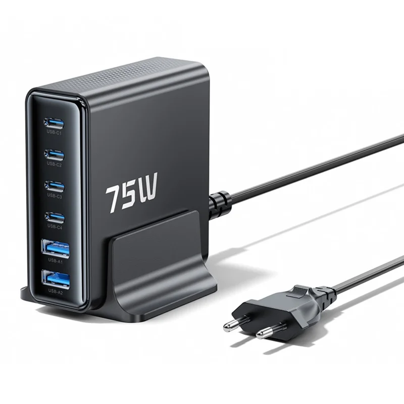 TOOCKI TCT75-22 75W GaN Desktop Charger 6 Ports 4 USB-C+2 USB-A Fast Charging Station - EU Plug