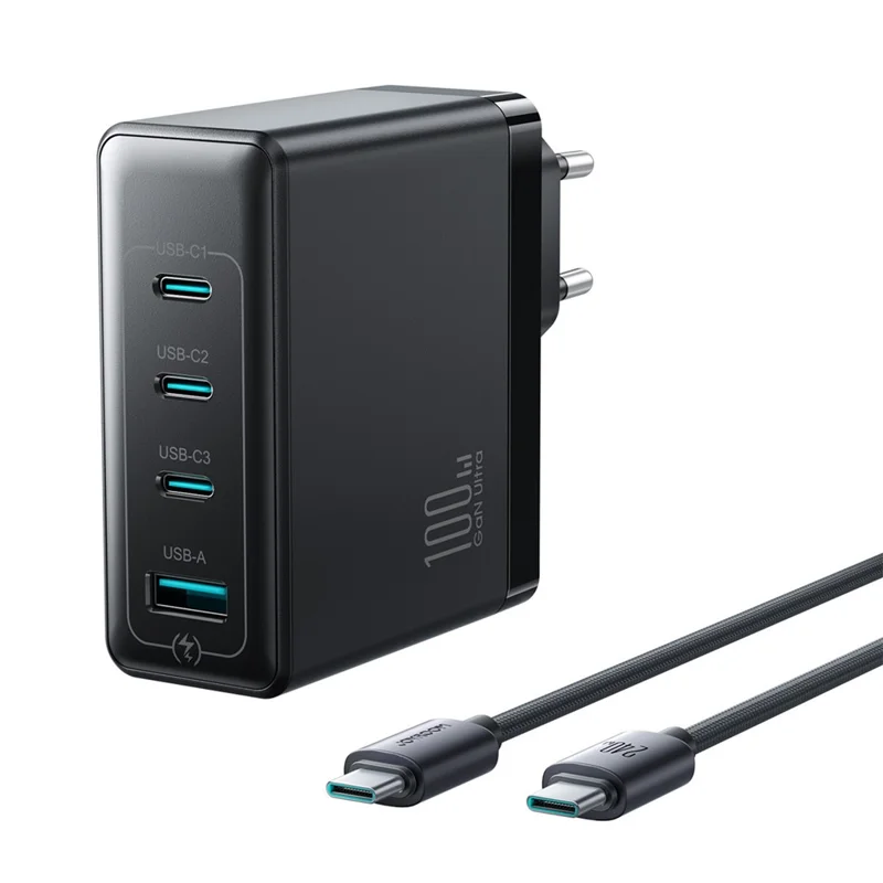 JOYROOM JR-TG11 100W GaN Fast Charger 4-Port Power Adapter EU Plug with 2m 240W USB-C Cable - Black