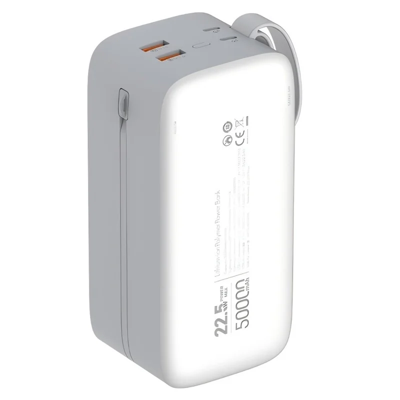 LDNIO PQ50 50000mAh Power Bank Built-in Dual Cables 22.5W SCP 20W PD Fast Charging LED Display Charger for Outdoor Travel - White