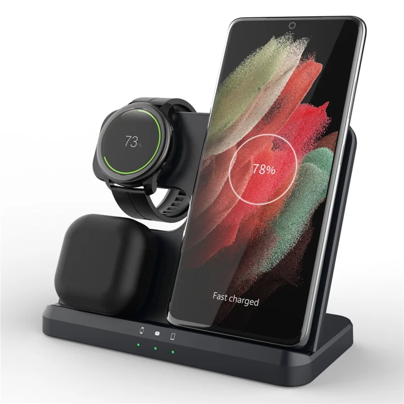 GY-Q10B 3 in 1 Wireless Charging Station 15W Fast Charger Stand for Samsung Galaxy Watch / Qi-enabled Phone / Earbuds - Black