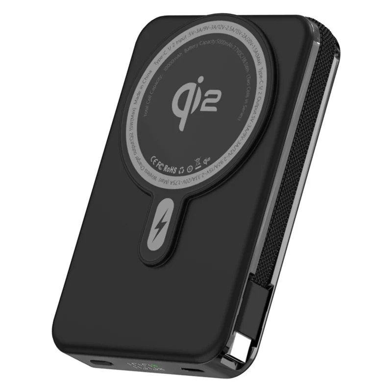M01B 10000mAh Portable Power Bank 35W PD Fast Charging 15W Magnetic Wireless Charger QI2 with Built-in Cable - Black