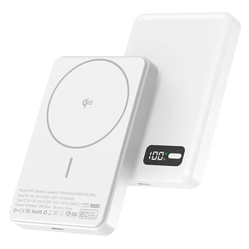 YF-P30 10000mAh Magnetic Power Bank 15W Wireless Charging + PD 30W Fast Charger Battery Pack - White