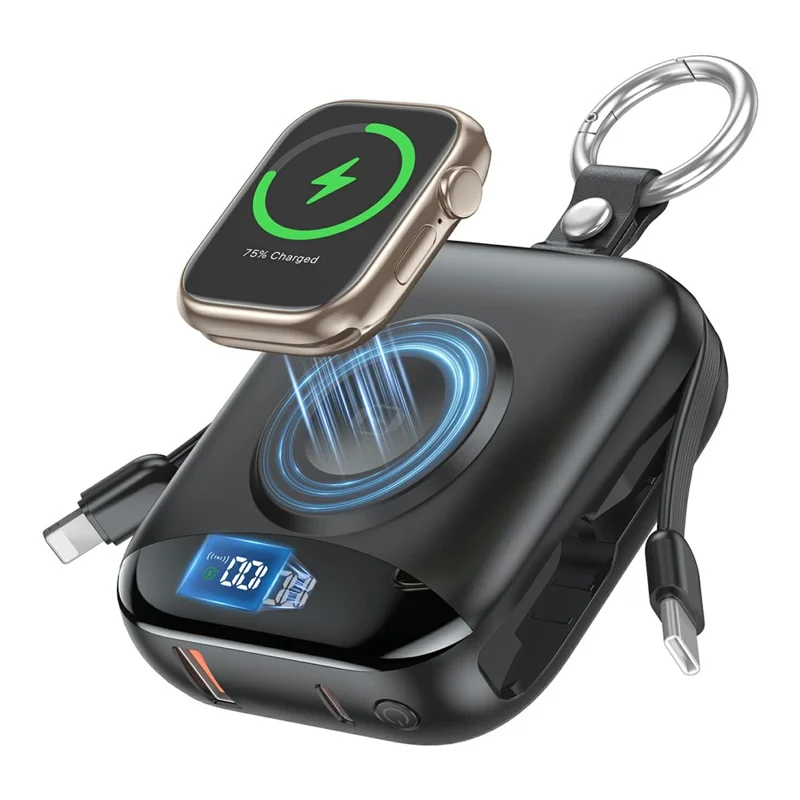 P007 Keychain 10000mAh Power Bank with Built-in iP (5-14) and Type-C Cable 22.5W Fast Charging Wireless Charger for Apple Watch iPhone iPad - Black